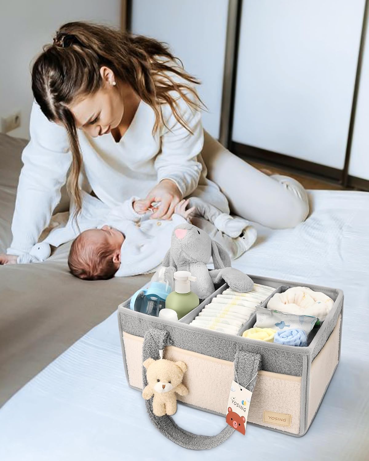 Diaper Caddy Organizer with 13 Pockets & Removable Dividers - Portable Baby Storage Basket for Nursery, Car Travel & Newborn Essentials, Green+ White