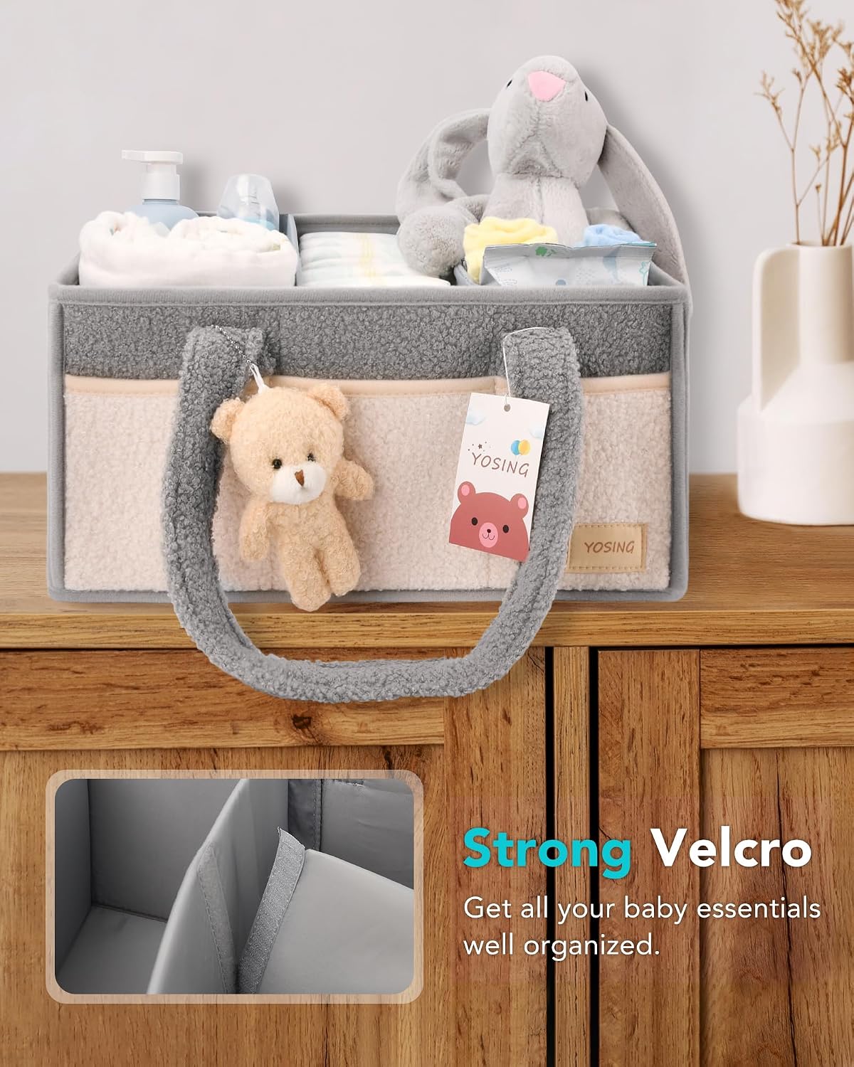 Diaper Caddy Organizer with 13 Pockets & Removable Dividers - Portable Baby Storage Basket for Nursery, Car Travel & Newborn Essentials, Green+ White