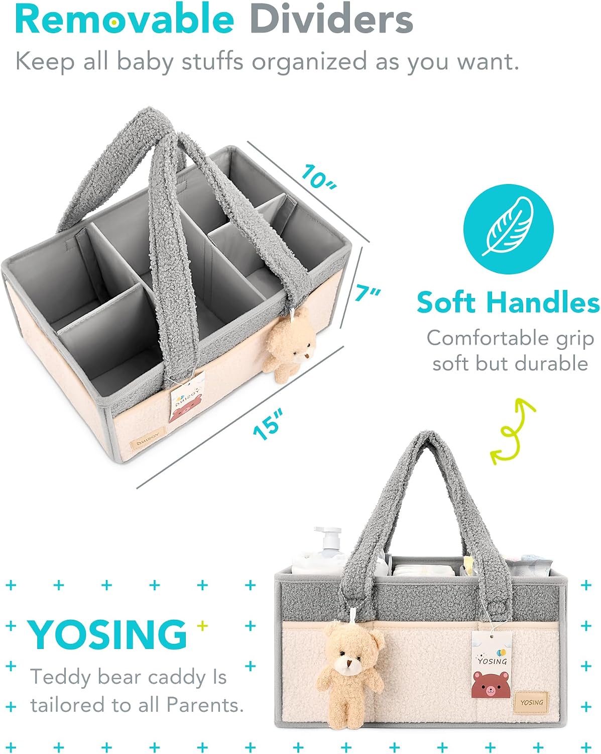 Diaper Caddy Organizer with 13 Pockets & Removable Dividers - Portable Baby Storage Basket for Nursery, Car Travel & Newborn Essentials, Green+ White