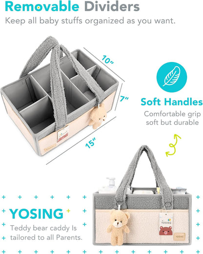 Diaper Caddy Organizer with 13 Pockets & Removable Dividers - Portable Baby Storage Basket for Nursery, Car Travel & Newborn Essentials, Green+ White