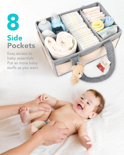Diaper Caddy Organizer with 13 Pockets & Removable Dividers - Portable Baby Storage Basket for Nursery, Car Travel & Newborn Essentials, Green+ White