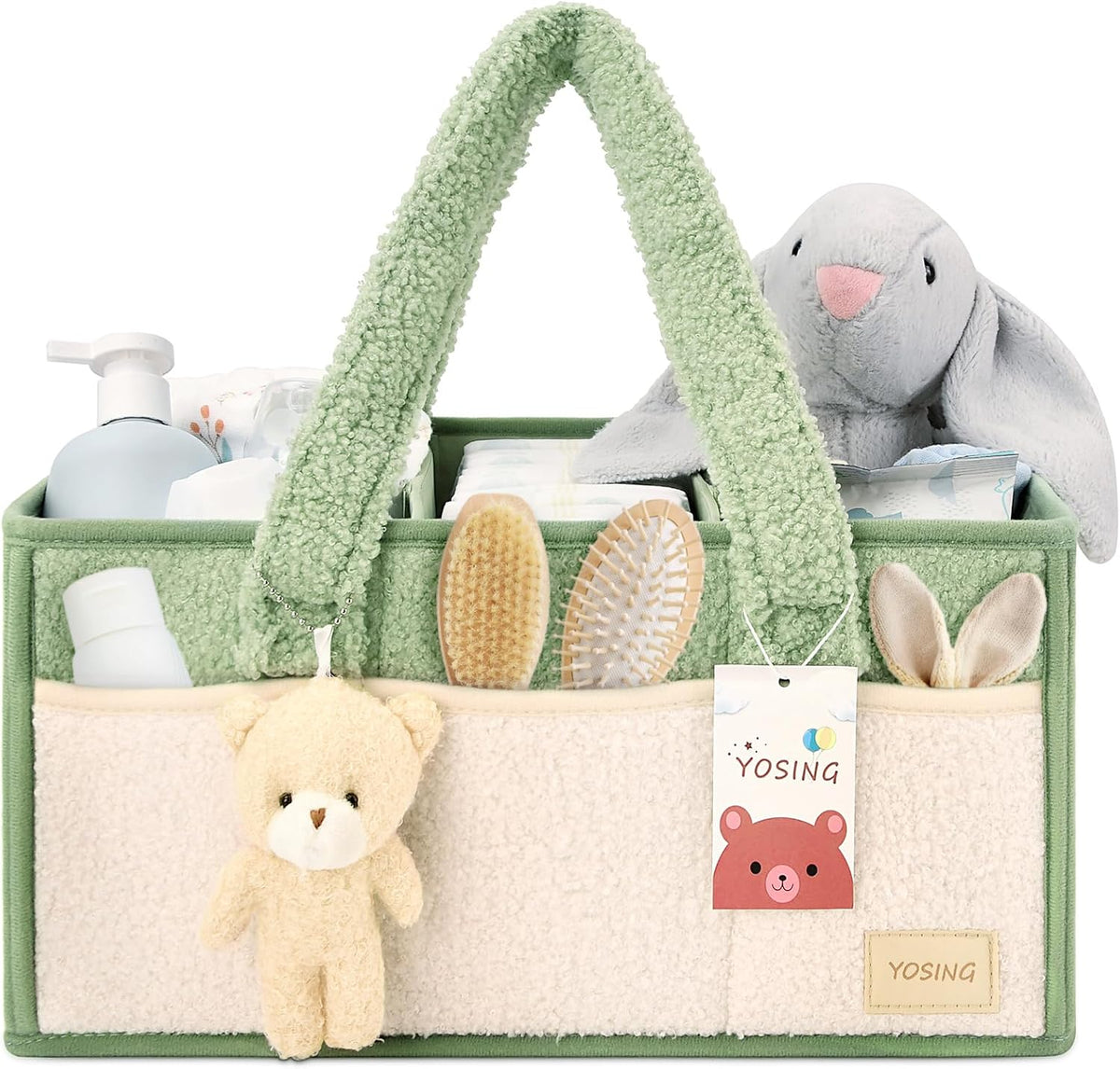 Diaper Caddy Organizer with 13 Pockets & Removable Dividers - Portable Baby Storage Basket for Nursery, Car Travel & Newborn Essentials, Green+ White