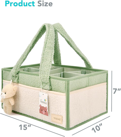 Diaper Caddy Organizer with 13 Pockets & Removable Dividers - Portable Baby Storage Basket for Nursery, Car Travel & Newborn Essentials, Green+ White