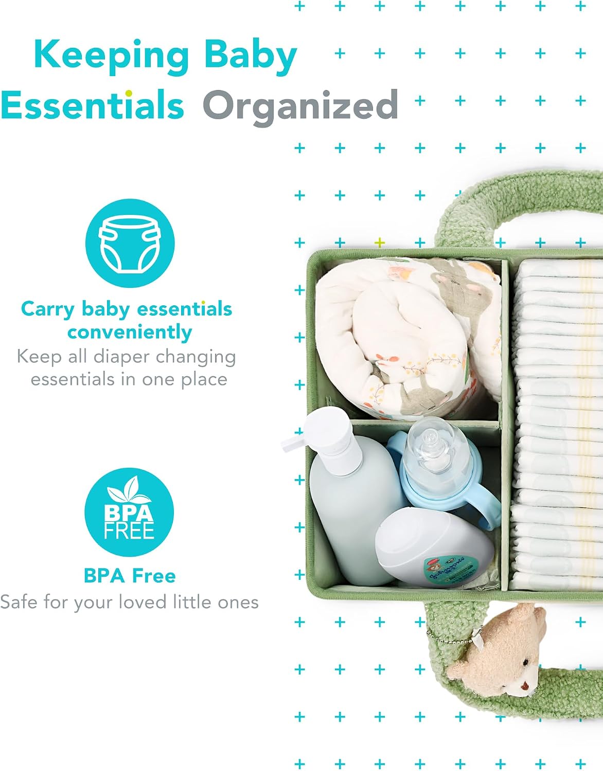 Diaper Caddy Organizer with 13 Pockets & Removable Dividers - Portable Baby Storage Basket for Nursery, Car Travel & Newborn Essentials, Green+ White