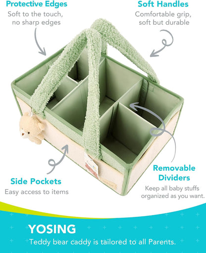Diaper Caddy Organizer with 13 Pockets & Removable Dividers - Portable Baby Storage Basket for Nursery, Car Travel & Newborn Essentials, Green+ White
