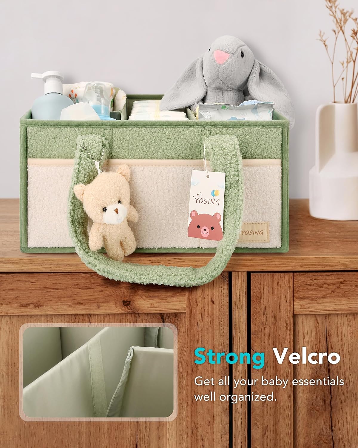 Diaper Caddy Organizer with 13 Pockets & Removable Dividers - Portable Baby Storage Basket for Nursery, Car Travel & Newborn Essentials, Green+ White