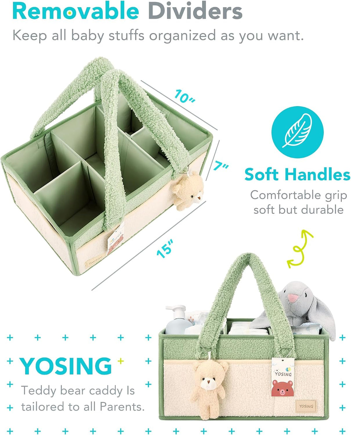 Diaper Caddy Organizer with 13 Pockets & Removable Dividers - Portable Baby Storage Basket for Nursery, Car Travel & Newborn Essentials, Green+ White