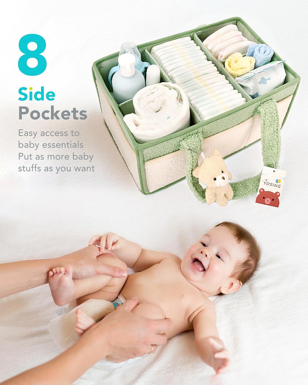 Diaper Caddy Organizer with 13 Pockets & Removable Dividers - Portable Baby Storage Basket for Nursery, Car Travel & Newborn Essentials, Green+ White