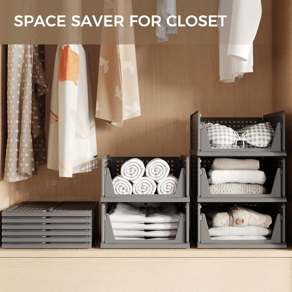 Stackable Plastic Storage Closet Organizers and Storage Bins Drawer Shelf Storage Container for Wardrobe Cupboard Kitchen Bathroom Office White
