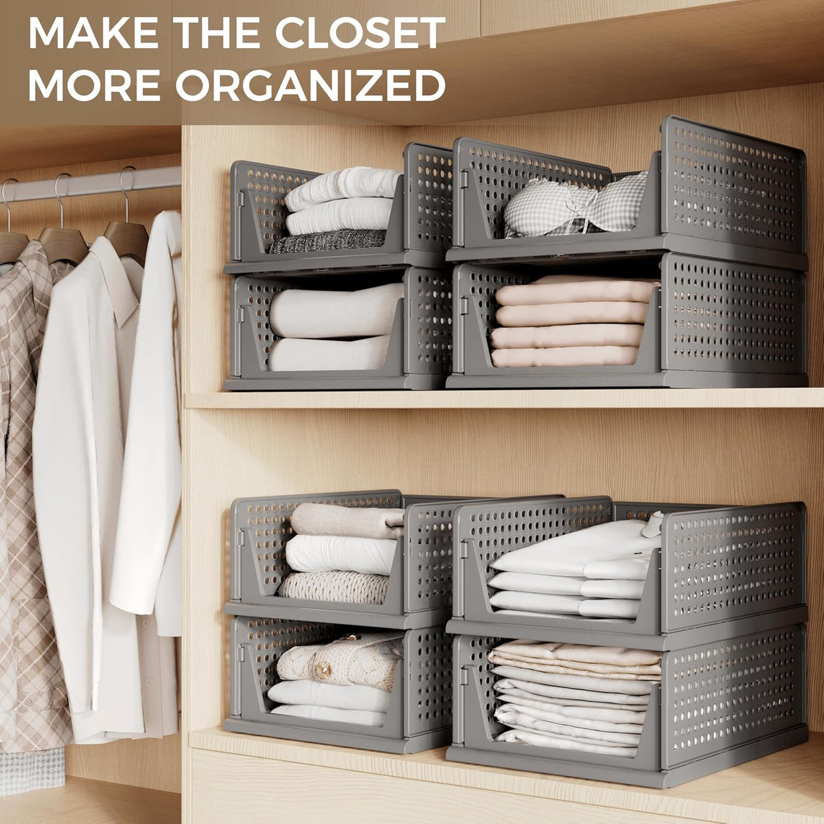 Stackable Plastic Storage Closet Organizers and Storage Bins Drawer Shelf Storage Container for Wardrobe Cupboard Kitchen Bathroom Office White