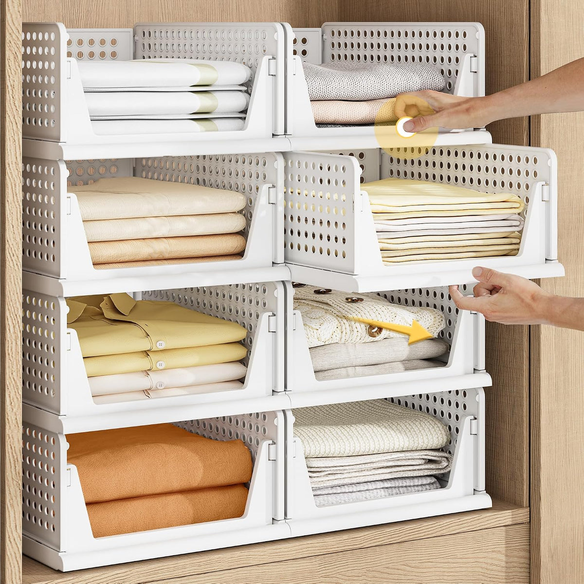 Stackable Plastic Storage Closet Organizers and Storage Bins Drawer Shelf Storage Container for Wardrobe Cupboard Kitchen Bathroom Office White