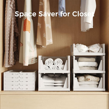 Stackable Plastic Storage Closet Organizers and Storage Bins Drawer Shelf Storage Container for Wardrobe Cupboard Kitchen Bathroom Office White