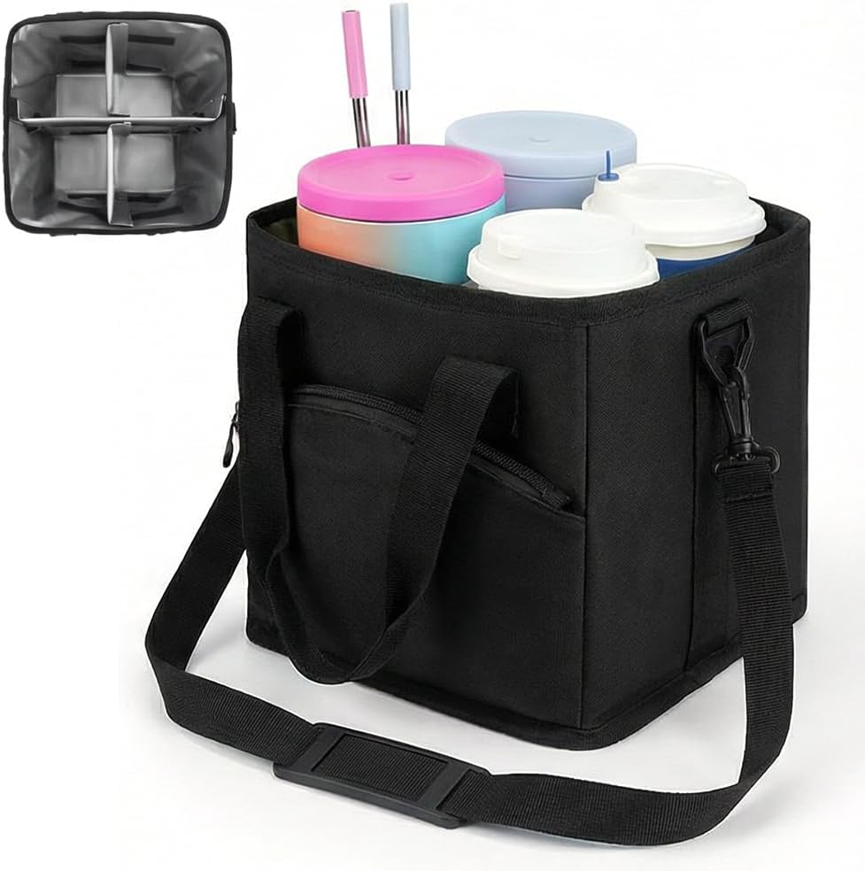 Family Size 4 Compartment Drink Bag, 2026 Tumbler Drink Bag Carrier with Adjustable Strap, Insulated Water Bottle Holder for Hiking, Walking, Sports, Travel