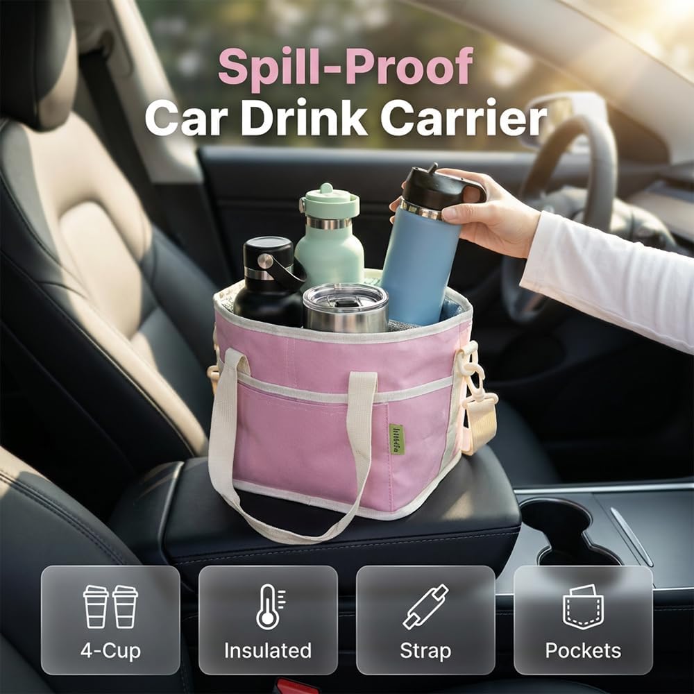 Family Size 4 Compartment Drink Bag, 2026 Tumbler Drink Bag Carrier with Adjustable Strap, Insulated Water Bottle Holder for Hiking, Walking, Sports, Travel