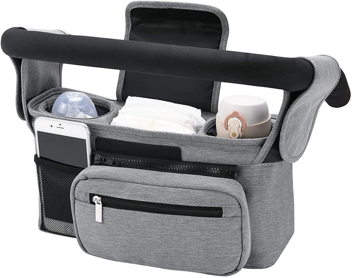 Universal Organiser with Insulated Cup Holder - Practical Buggy Carry Bag with Zip Pocket, Shoulder Strap and Storage Space for Smartphone, Bottle and Accessories (Grey)