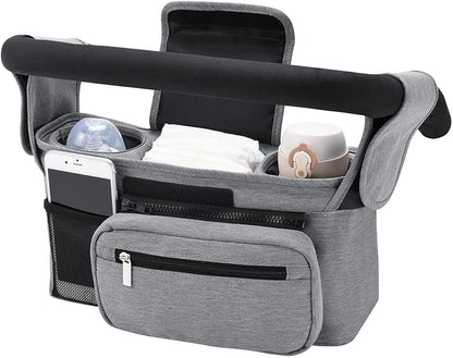 Universal Organiser with Insulated Cup Holder - Practical Buggy Carry Bag with Zip Pocket, Shoulder Strap and Storage Space for Smartphone, Bottle and Accessories (Grey)