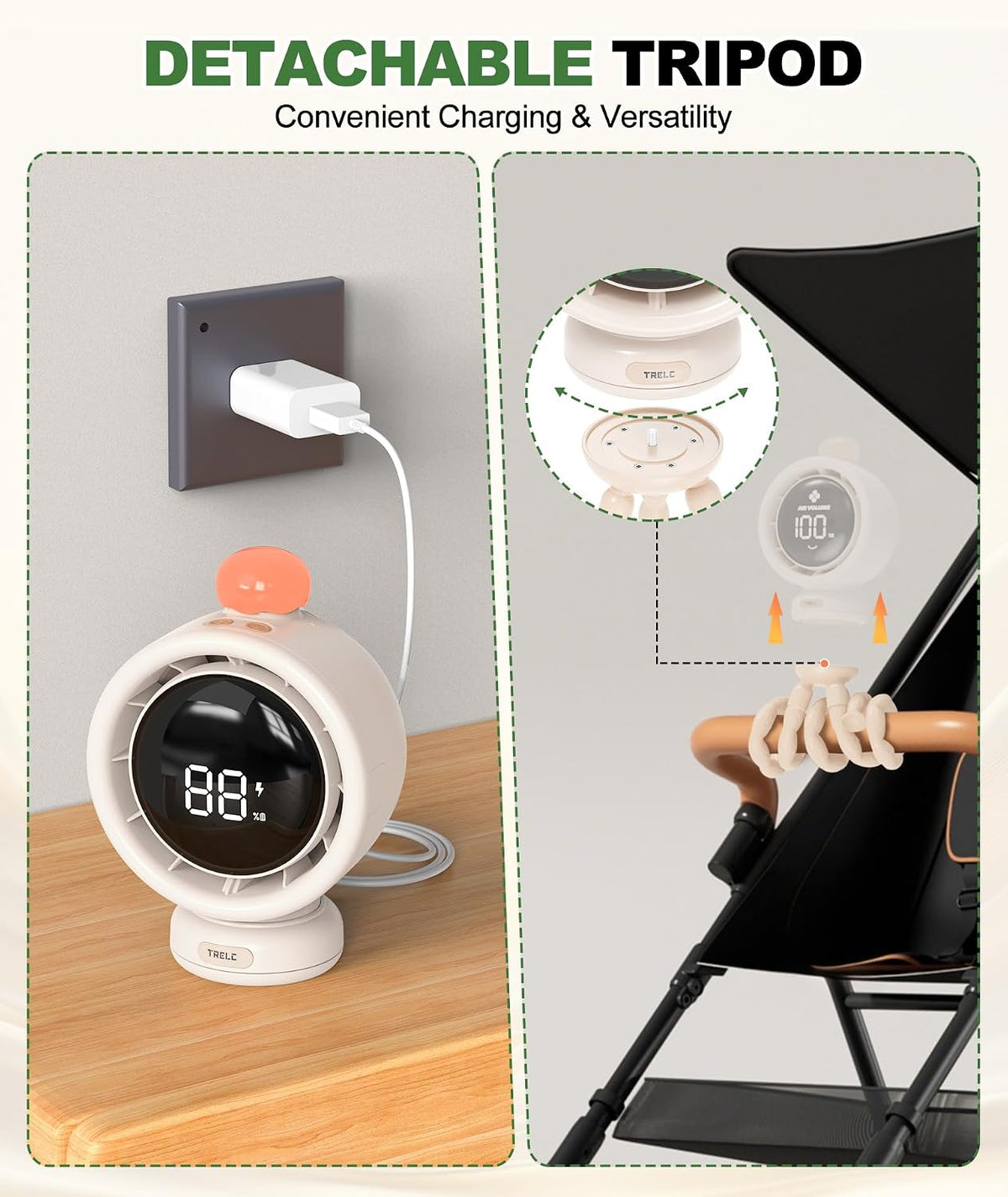 Baby Stroller Fan Large, Portable Bladeless Fan, 1-100 Speeds Quiet Turbo Stroller Fan with LED Display & Night Light, 3800mA Rechargeable Cooling Fans for Car Seat (Orange)