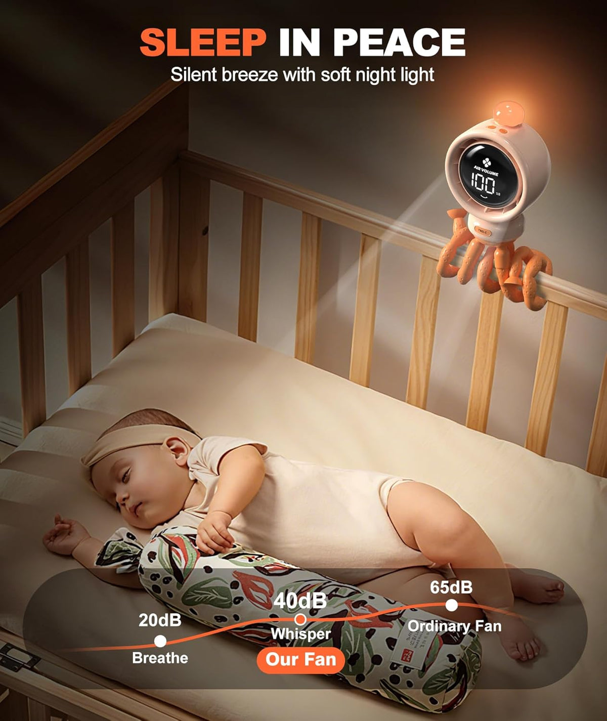 Baby Stroller Fan Large, Portable Bladeless Fan, 1-100 Speeds Quiet Turbo Stroller Fan with LED Display & Night Light, 3800mA Rechargeable Cooling Fans for Car Seat (Orange)
