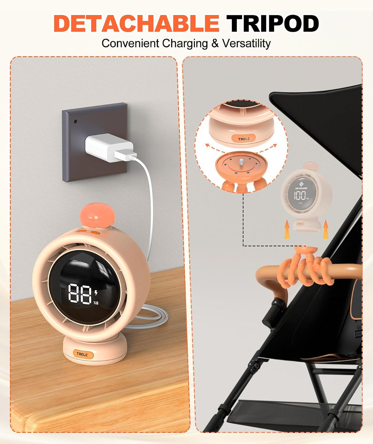 Baby Stroller Fan Large, Portable Bladeless Fan, 1-100 Speeds Quiet Turbo Stroller Fan with LED Display & Night Light, 3800mA Rechargeable Cooling Fans for Car Seat (Orange)