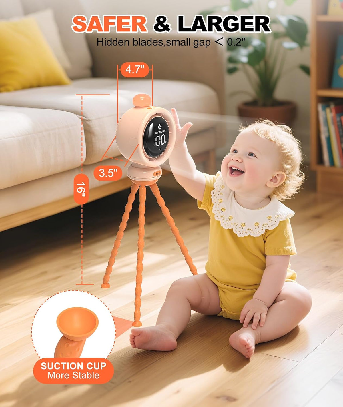 Baby Stroller Fan Large, Portable Bladeless Fan, 1-100 Speeds Quiet Turbo Stroller Fan with LED Display & Night Light, 3800mA Rechargeable Cooling Fans for Car Seat (Orange)