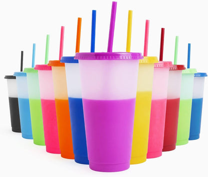Color Changing Cups with Lids and Straws 12pcs, 24Oz - Reusable Cups with Lids in 12 Multicolors - Perfect for Cold Coffee, Smoothie etc.