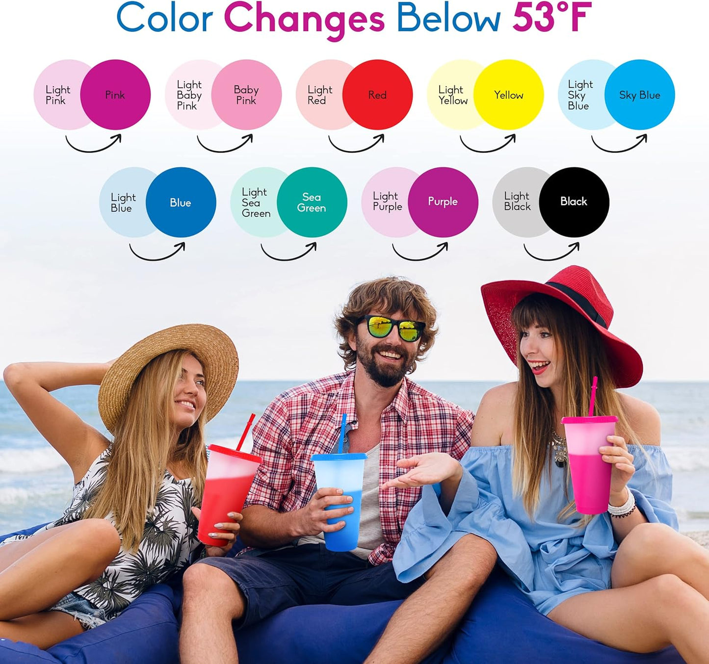 Color Changing Cups with Lids and Straws 12pcs, 24Oz - Reusable Cups with Lids in 12 Multicolors - Perfect for Cold Coffee, Smoothie etc.