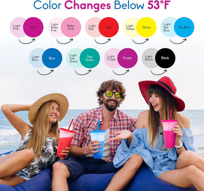 Color Changing Cups with Lids and Straws 12pcs, 24Oz - Reusable Cups with Lids in 12 Multicolors - Perfect for Cold Coffee, Smoothie etc.