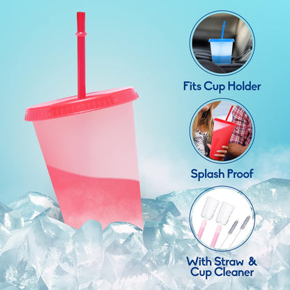 Color Changing Cups with Lids and Straws 12pcs, 24Oz - Reusable Cups with Lids in 12 Multicolors - Perfect for Cold Coffee, Smoothie etc.