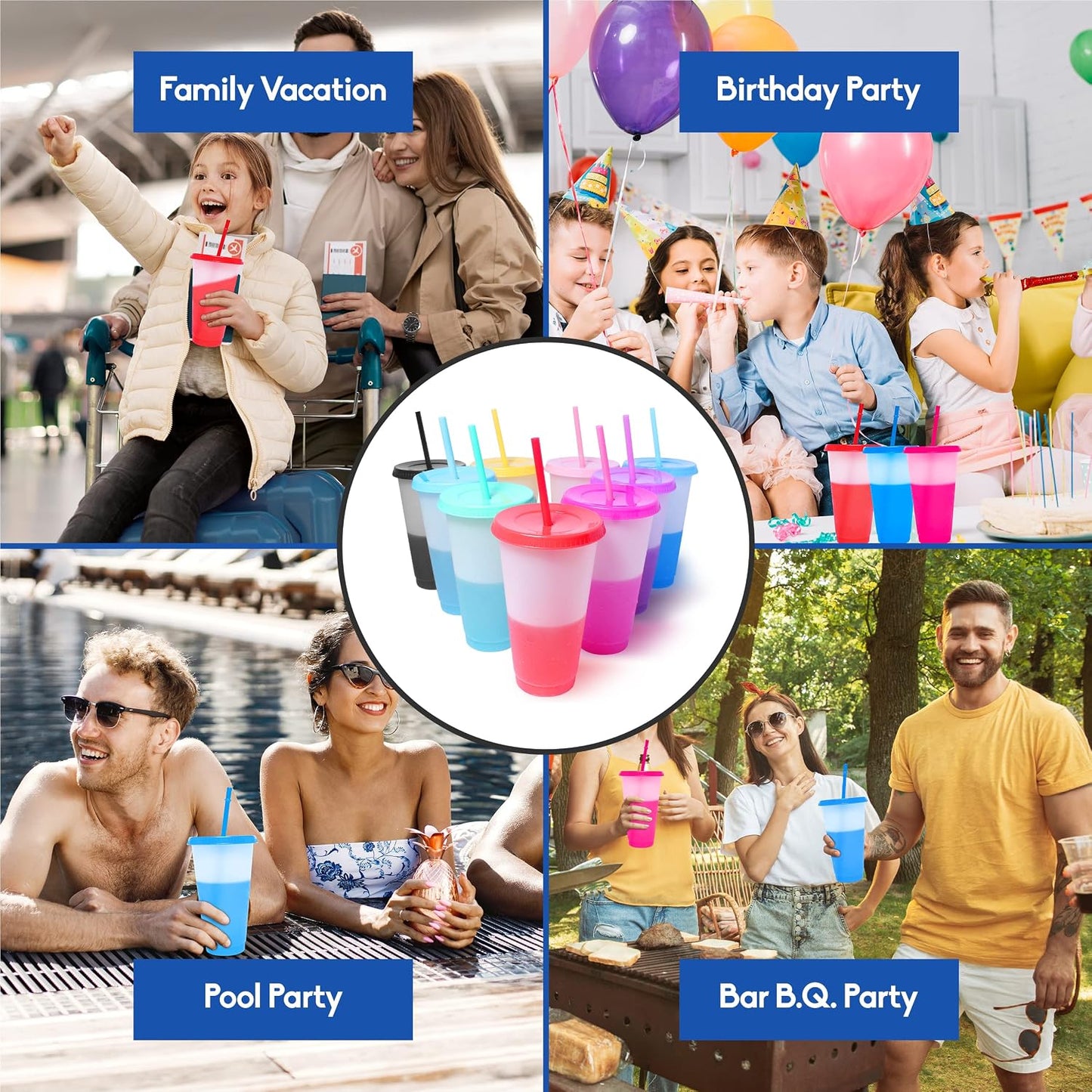 Color Changing Cups with Lids and Straws 12pcs, 24Oz - Reusable Cups with Lids in 12 Multicolors - Perfect for Cold Coffee, Smoothie etc.