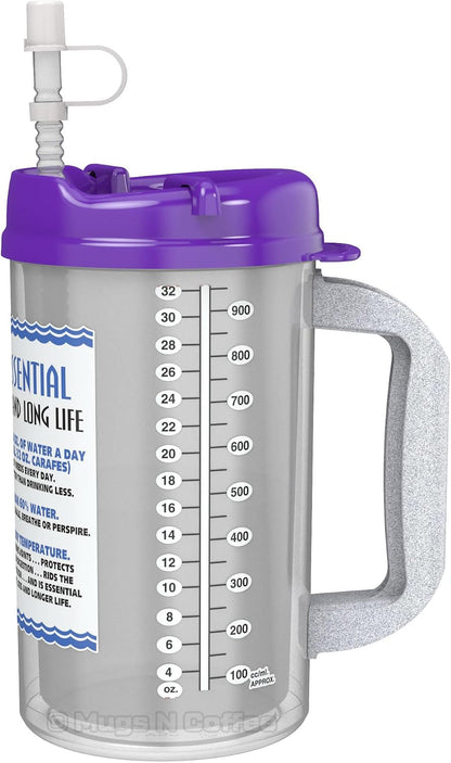 32 oz Travel Mug – Purple Hospital Mug for Cold Drinks – “Water is Essential” – Double Wall Insulated, Large Handle – BPA-Free, Leak-Resistant – Includes Lid and Straw – Made in USA