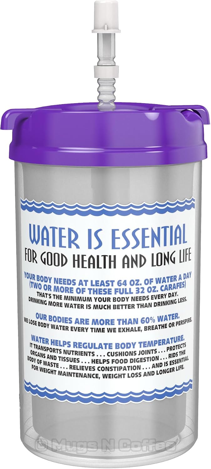 32 oz Travel Mug – Purple Hospital Mug for Cold Drinks – “Water is Essential” – Double Wall Insulated, Large Handle – BPA-Free, Leak-Resistant – Includes Lid and Straw – Made in USA