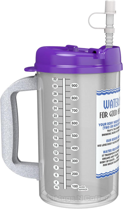 32 oz Travel Mug – Purple Hospital Mug for Cold Drinks – “Water is Essential” – Double Wall Insulated, Large Handle – BPA-Free, Leak-Resistant – Includes Lid and Straw – Made in USA