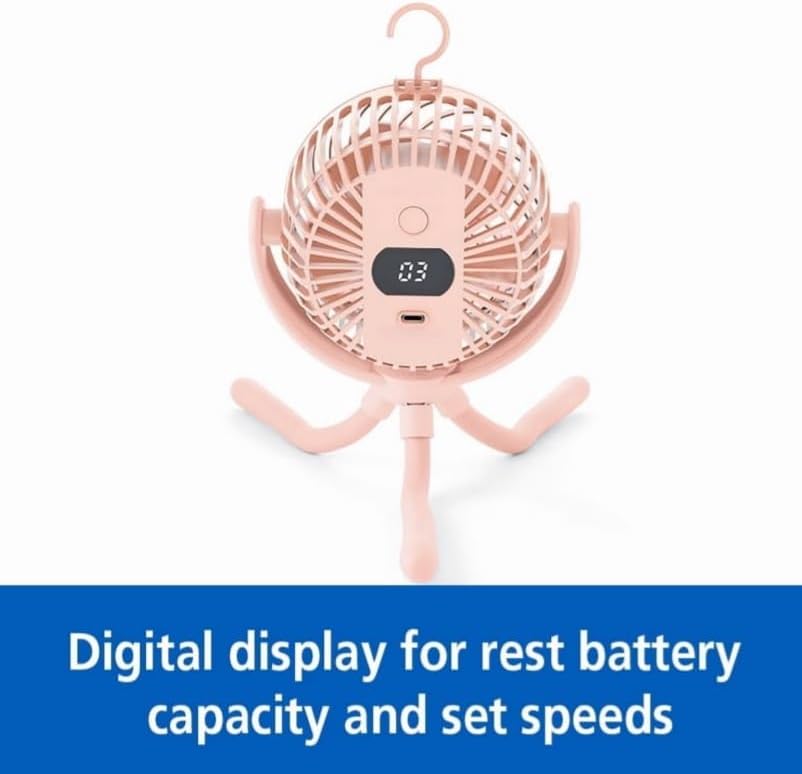 4" 3-Speed Rechargeable Stroller Fan with Flexible Tripod & Digital Display, Pink Portable Personal Cooling Fan for Stroller Car Seat Crib Travel Outdoor