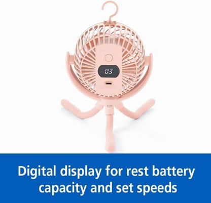 4" 3-Speed Rechargeable Stroller Fan with Flexible Tripod & Digital Display, Pink Portable Personal Cooling Fan for Stroller Car Seat Crib Travel Outdoor