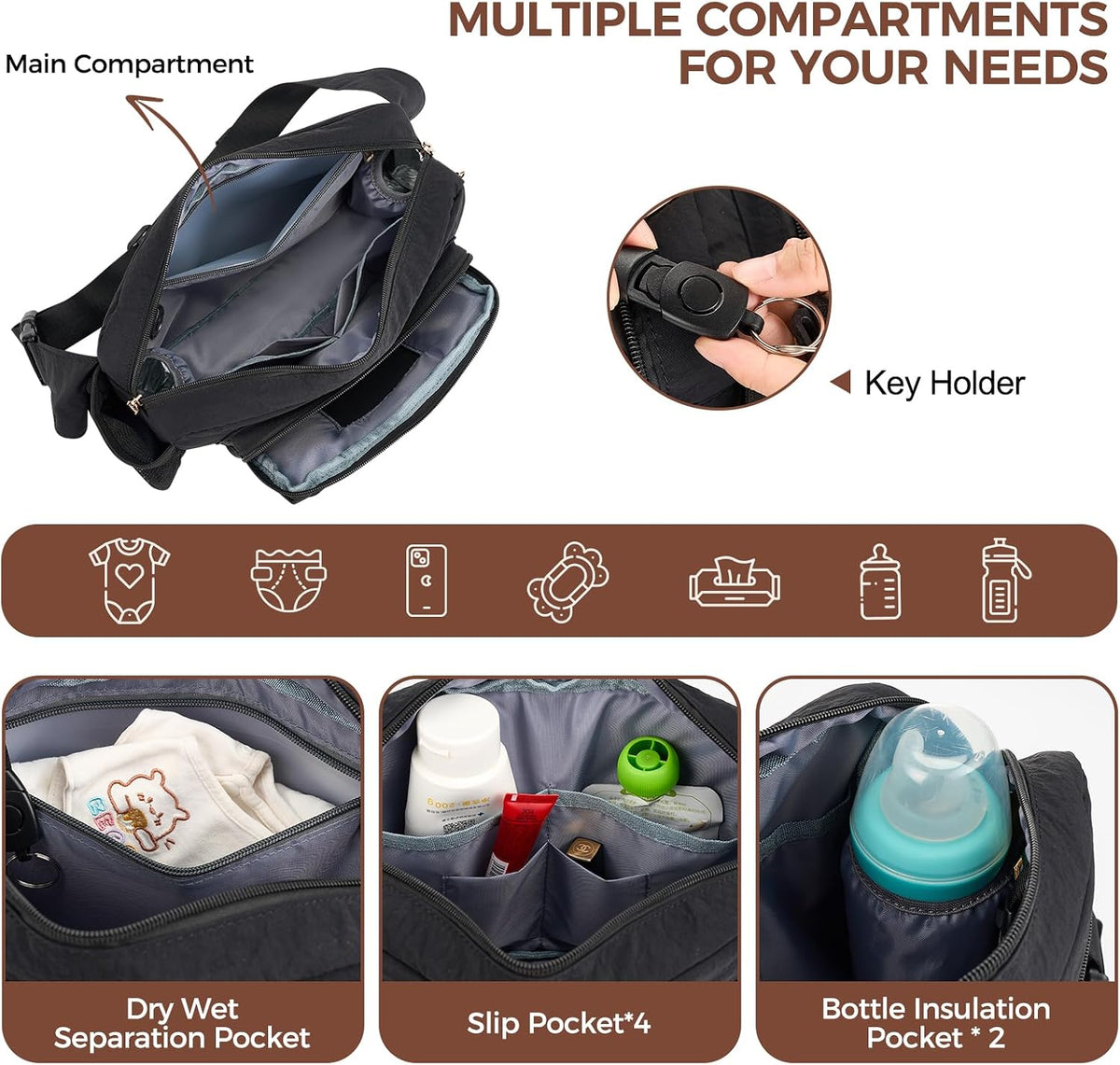 Quilted Puffy Diaper Fanny Pack, Crossbody Mom Purse,Textured Black
