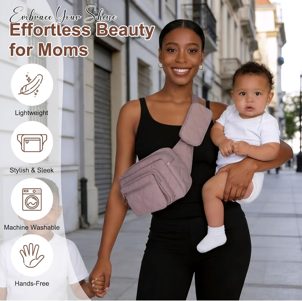 Quilted Puffy Diaper Fanny Pack, Crossbody Mom Purse,Textured Black