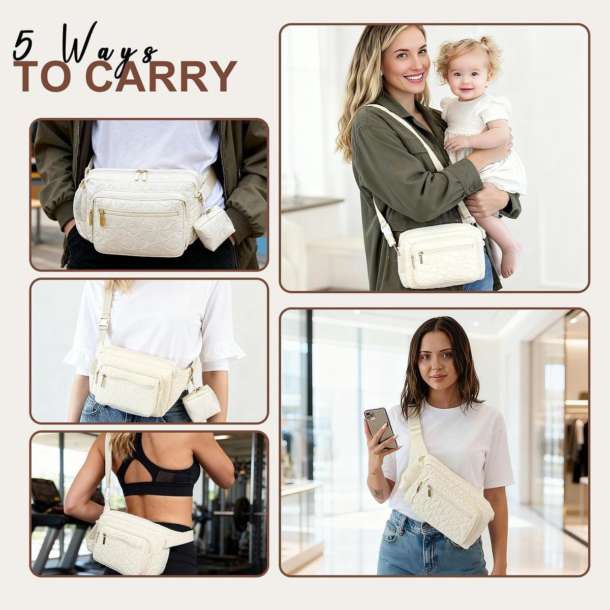 Quilted Puffy Diaper Fanny Pack, Crossbody Mom Purse,Textured Black