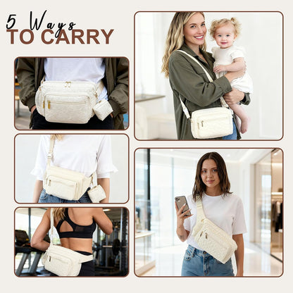 Quilted Puffy Diaper Fanny Pack, Crossbody Mom Purse,Textured Black