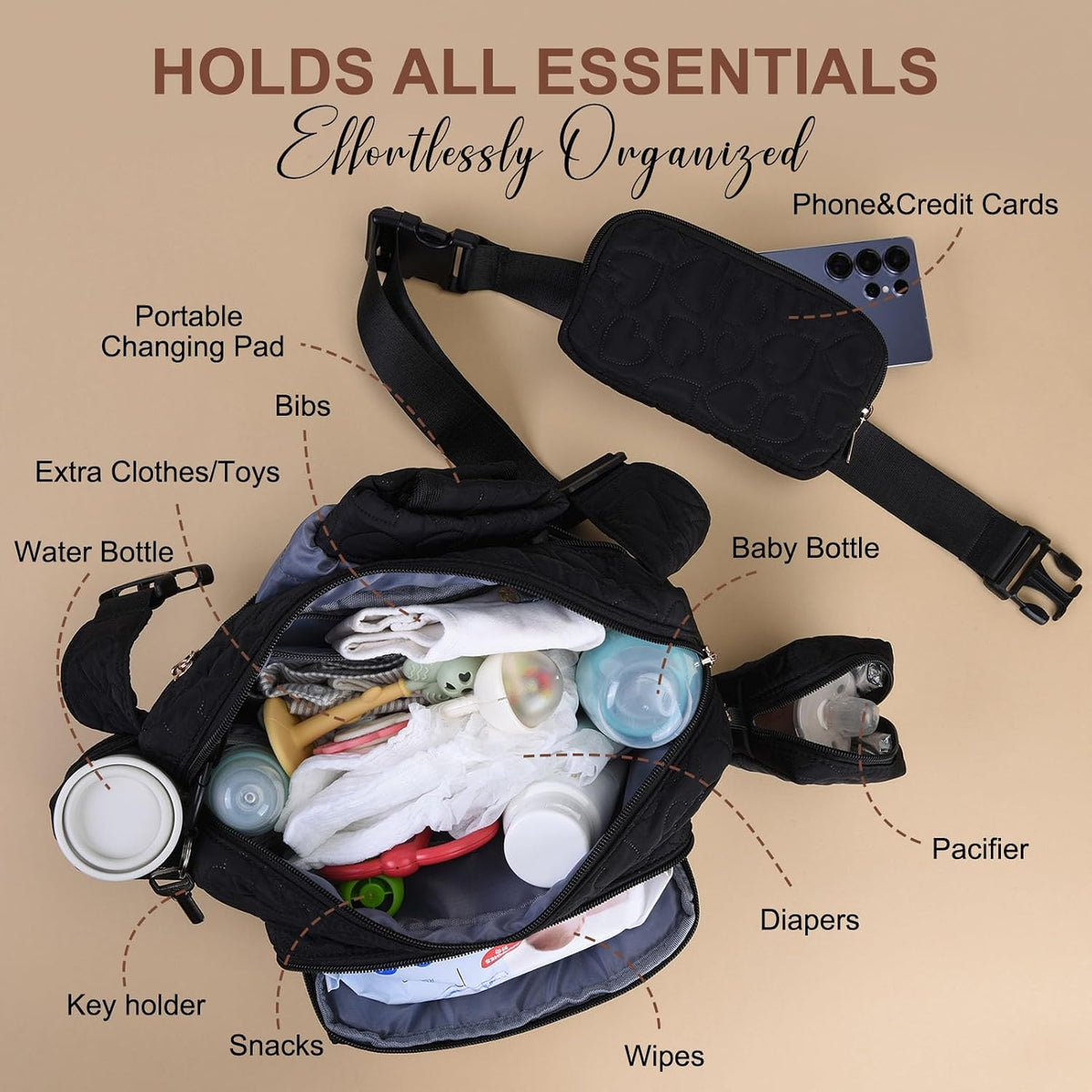 Quilted Puffy Diaper Fanny Pack, Crossbody Mom Purse,Textured Black