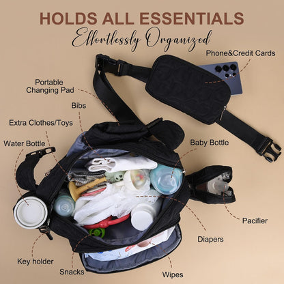Quilted Puffy Diaper Fanny Pack, Crossbody Mom Purse,Textured Black