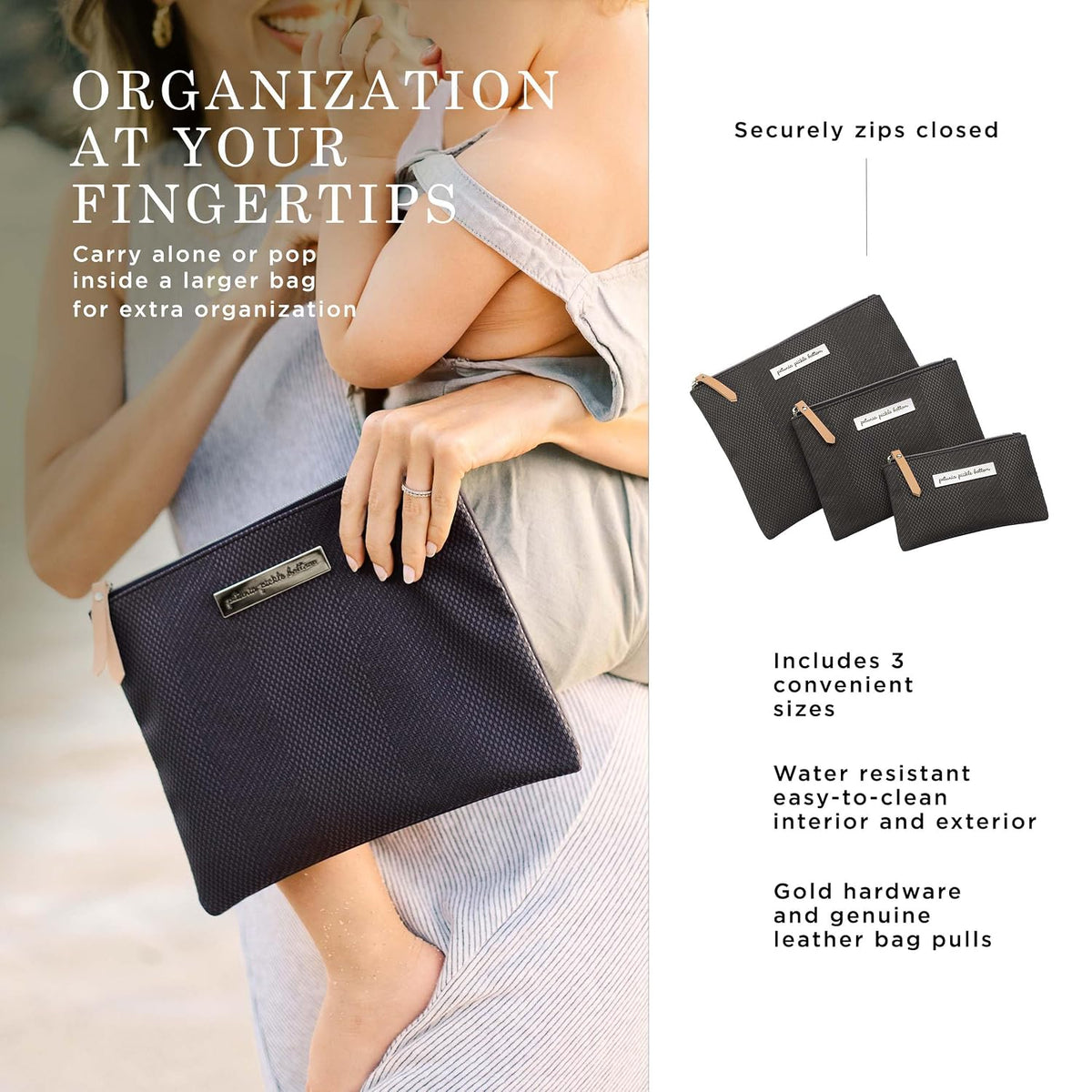 Organizer Trio, Zip-Close Pouches, 3 Sizes, For Diaper Bag, Stroller, Travel Bag, Carry Alone, Carbon Cable Stitch