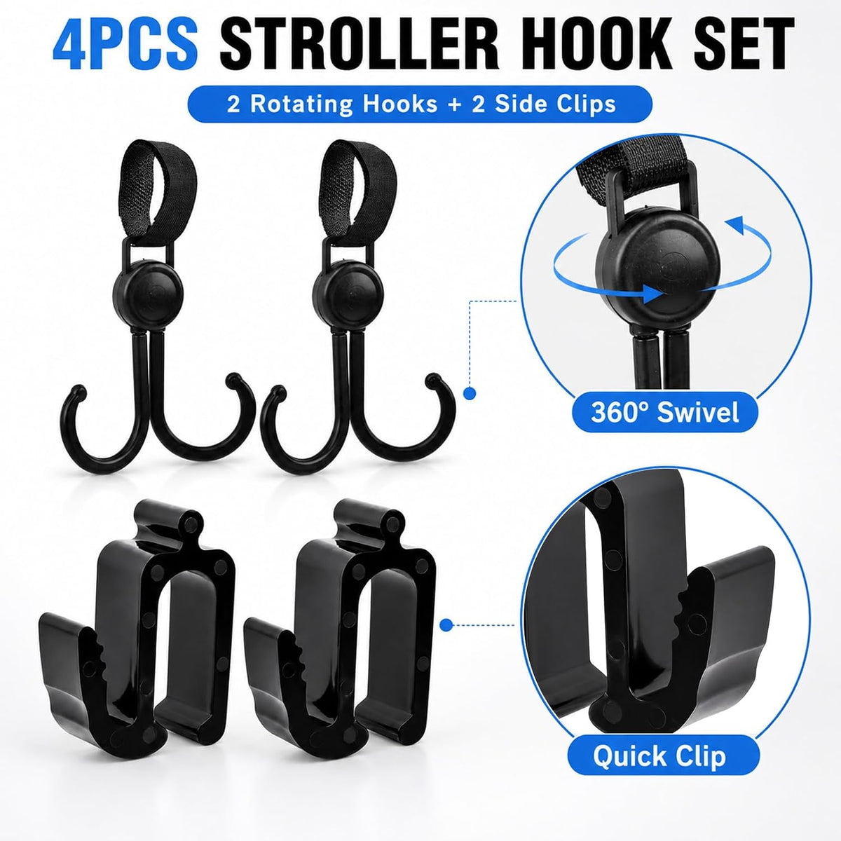 4 Pack Stroller Hooks Compatible with WonderFold Wagon, 2 Side Hooks + 2 Dual Hooks, Space-Saving Organizer for Diaper Bags, Groceries, Toys & Everyday Essentials