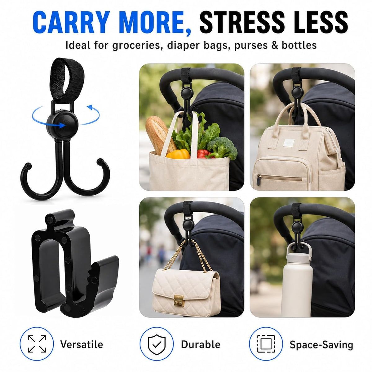 4 Pack Stroller Hooks Compatible with WonderFold Wagon, 2 Side Hooks + 2 Dual Hooks, Space-Saving Organizer for Diaper Bags, Groceries, Toys & Everyday Essentials