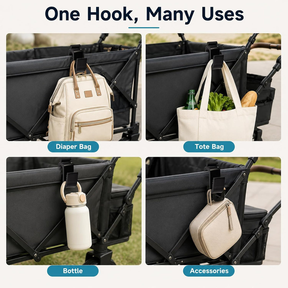 4 Pack Stroller Hooks Compatible with WonderFold Wagon, 2 Side Hooks + 2 Dual Hooks, Space-Saving Organizer for Diaper Bags, Groceries, Toys & Everyday Essentials