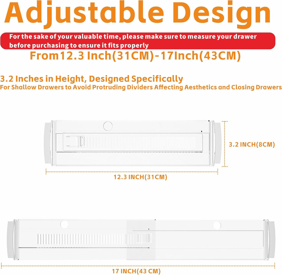 5 Pack 3.2 Inch Shallow Acrylic Drawer Divider for Clothes -Expandable from 12.3-17''-Adjustable Dresser Drawer Divider for Baby Clothing,Underwear,Clear in Drawer Separators for Kitchen,Office
