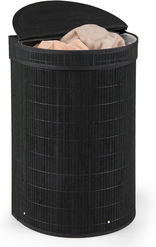 Bamboo Laundry Hamper with Zippered Lid, 16 Gal Large Capacity Clothes Hamper w/Removable Liner, Half Moon Laundry Basket for Bedroom, Bathroom, Laundry Room (Natural)