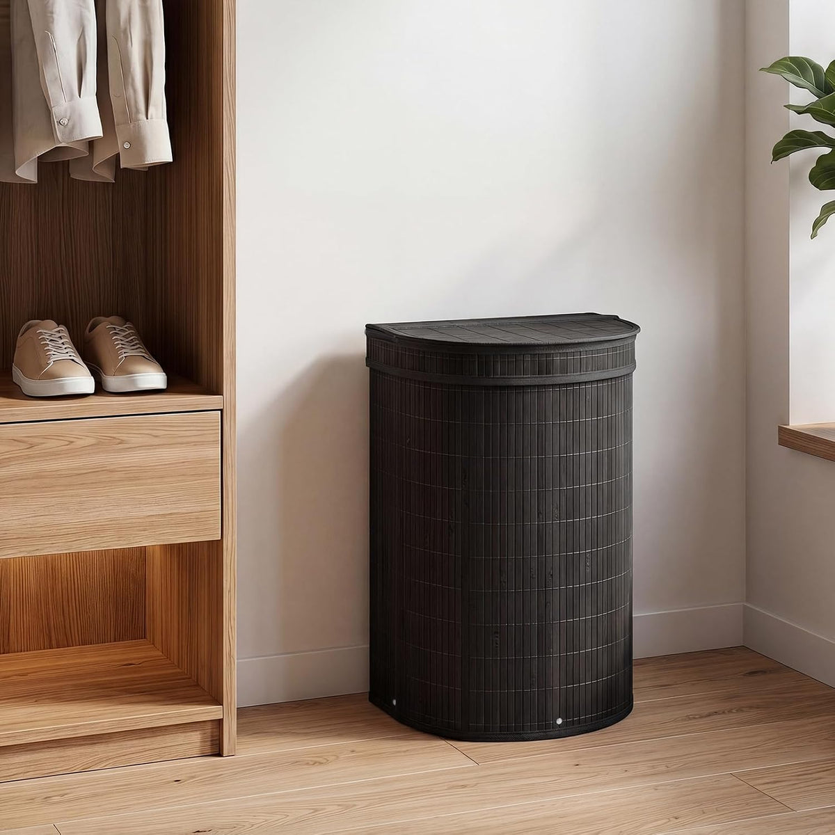Bamboo Laundry Hamper with Zippered Lid, 16 Gal Large Capacity Clothes Hamper w/Removable Liner, Half Moon Laundry Basket for Bedroom, Bathroom, Laundry Room (Natural)