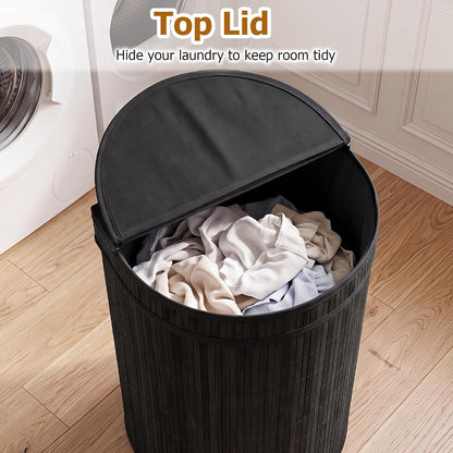 Bamboo Laundry Hamper with Zippered Lid, 16 Gal Large Capacity Clothes Hamper w/Removable Liner, Half Moon Laundry Basket for Bedroom, Bathroom, Laundry Room (Natural)