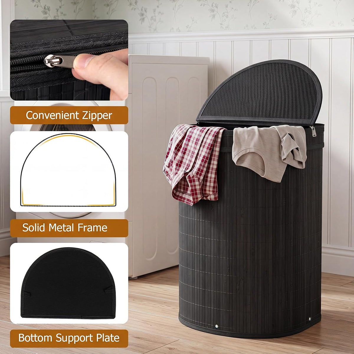 Bamboo Laundry Hamper with Zippered Lid, 16 Gal Large Capacity Clothes Hamper w/Removable Liner, Half Moon Laundry Basket for Bedroom, Bathroom, Laundry Room (Natural)