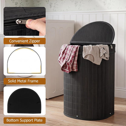 Bamboo Laundry Hamper with Zippered Lid, 16 Gal Large Capacity Clothes Hamper w/Removable Liner, Half Moon Laundry Basket for Bedroom, Bathroom, Laundry Room (Natural)